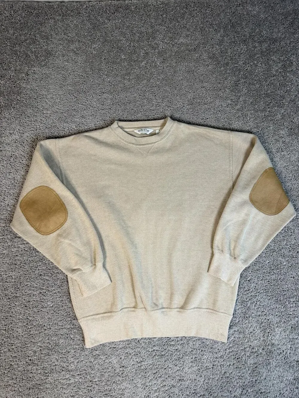 Orvis Sweater Mens M Beige Crew Neck Elbow Patches Crewneck Pullover Logo